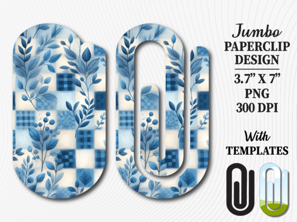 Blue Gingham Floral Jumbo Paperclip PNG